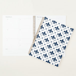 Dark blue Fleur De Lis pattern on white background Planner