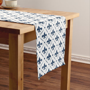 Dark blue Fleur De Lis pattern on white background Short Table Runner
