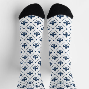 Dark blue Fleur De Lis pattern on white background Socks