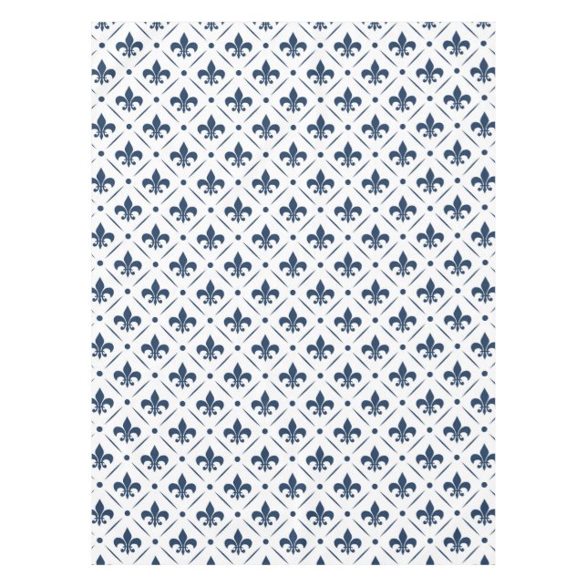 Dark blue Fleur De Lis pattern on white background Tablecloth (Front)
