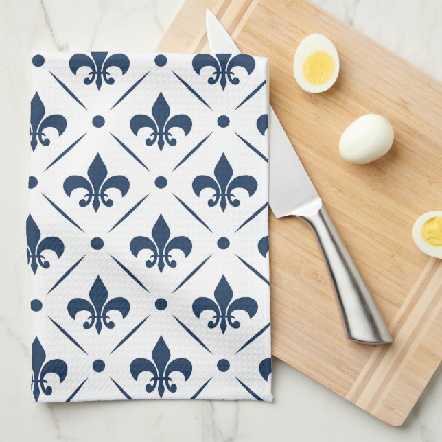 Dark blue Fleur De Lis pattern on white background Tea Towel (Quarter Fold)