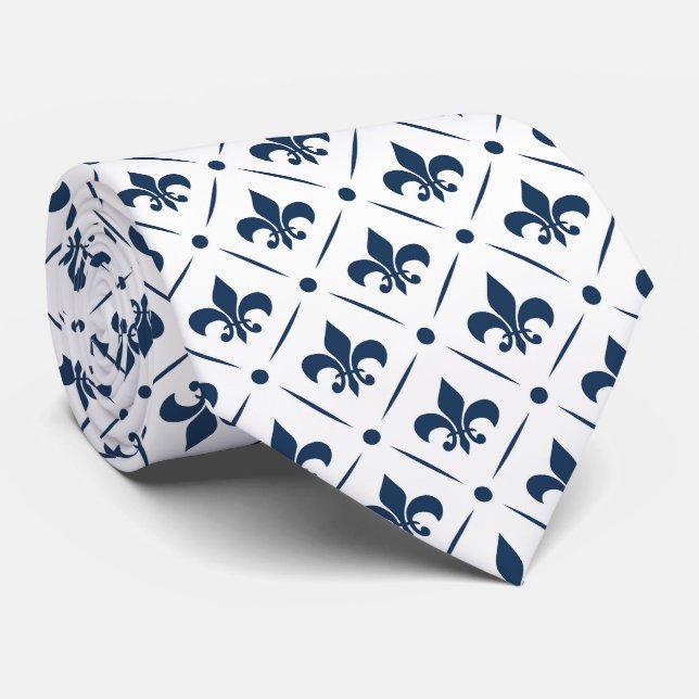 Dark blue Fleur De Lis pattern on white background Tie (Rolled)