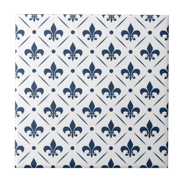 Dark blue Fleur De Lis pattern on white background Tile (Front)