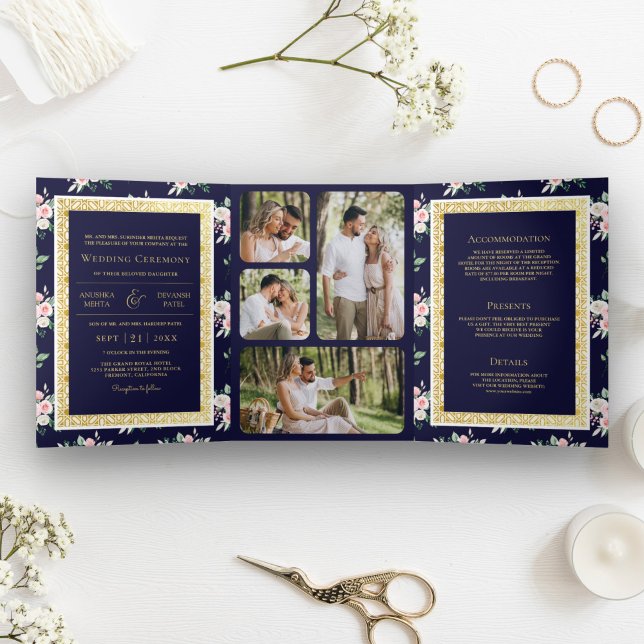 Dark Blue Floral All in One Gold Indian Wedding Tri-Fold Invitation (Creator Uploaded)