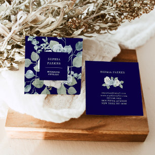 Dark Blue Floral and Eucalyptus Square Business Card