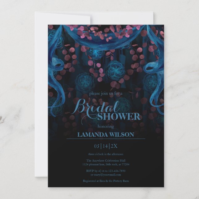 Dark Blue Floral Black Gothic Bridal Shower Invitation (Front)