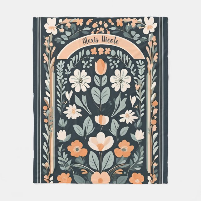 Dark Blue Floral Folk Fleece Blanket (Front)