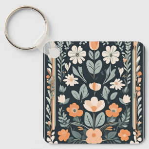 Dark Blue Floral Folk Key Ring