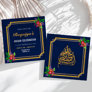 Dark Blue Floral Frame Baby Girl Aqiqah Invitation
