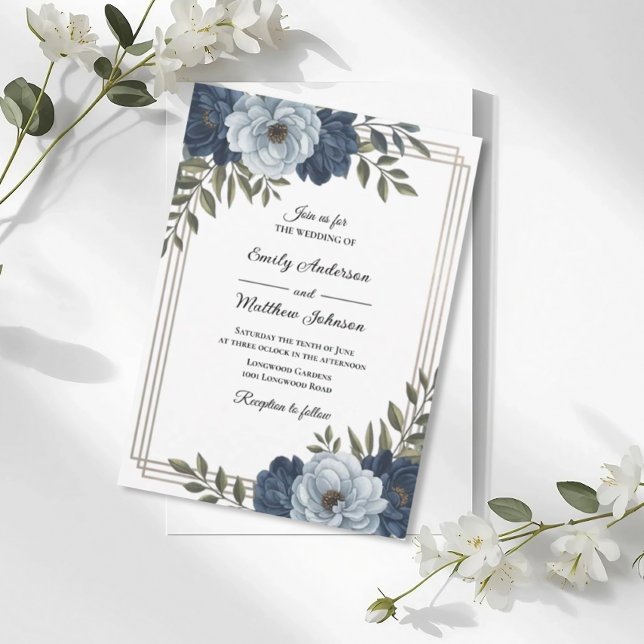 Dark Blue Floral Frame Wedding Invitation (Creator Uploaded)