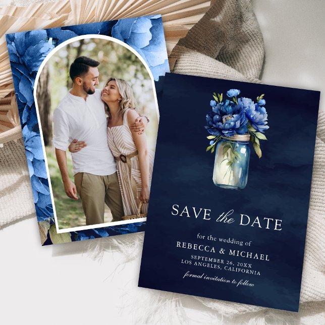 Dark Blue Floral Mason Jar Photo Wedding Save The Date (Creator Uploaded)