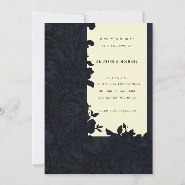 Dark blue floral ornamental Victorian wedding Invitation (Front)