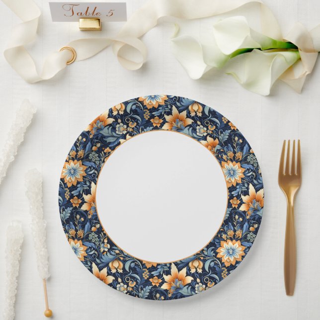Dark Blue Floral Paisley Border Paper Plate (Wedding)