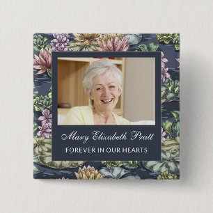 Dark Blue Floral Photo Funeral  15 Cm Square Badge