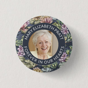 Dark Blue Floral Photo Funeral  Button