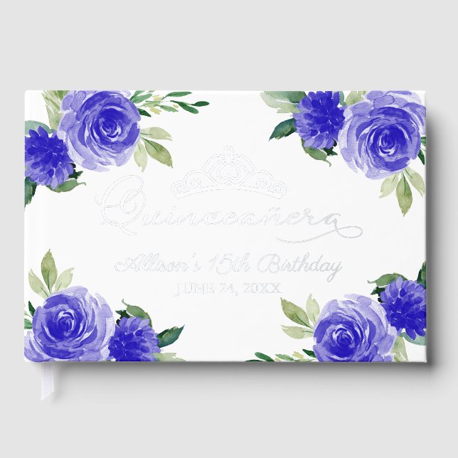 Dark Blue Floral Quinceanera Guest Book (Front)