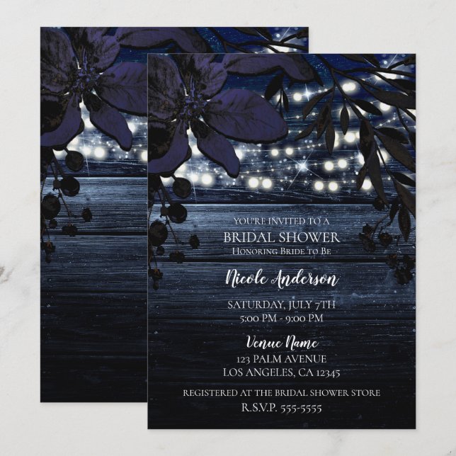 Dark Blue Floral Rustic Wood Lights Bridal Shower Invitation (Front/Back)
