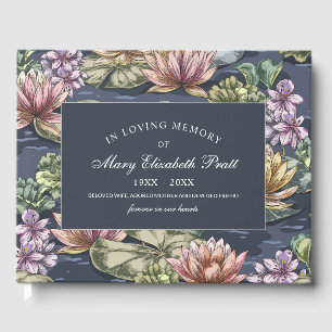 Dark Blue Floral Water Lily Garden Funeral Guest Book