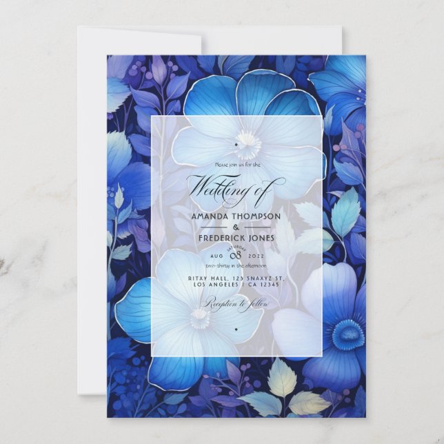 Dark Blue Floral Wedding Invitation (Front)