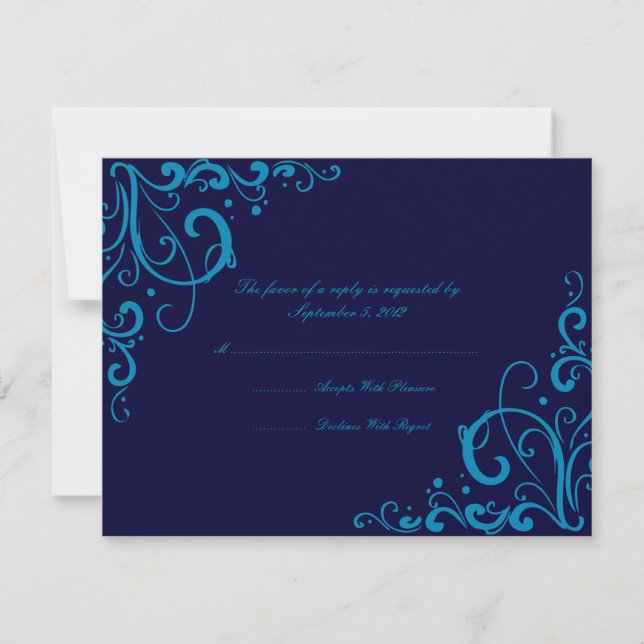 Dark Blue Flourish Wedding RSVP Card (Front)