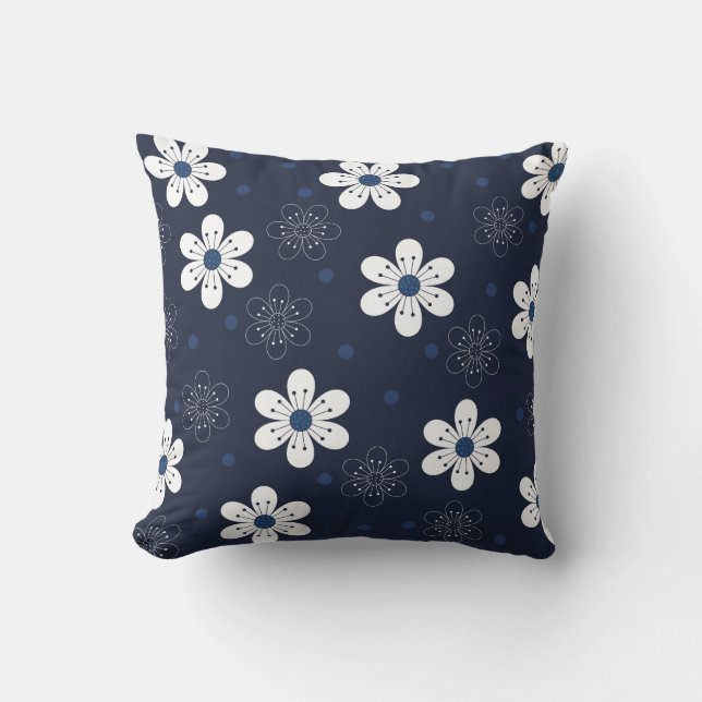 Dark Blue Flowers and Dots Pattern Cushion (Front)