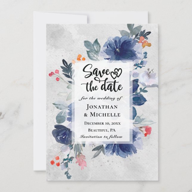 Dark Blue Flowers Red Berries Floral Wedding Save The Date (Front)