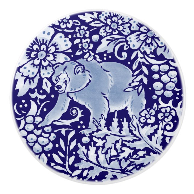 Dark Blue Forest Bear Woodland Animal Floral Ceramic Knob (Front)