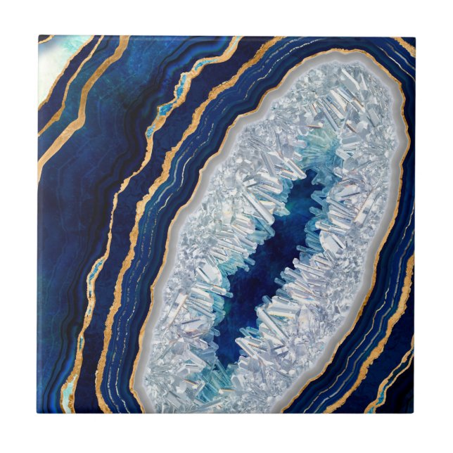 Dark Blue Geode and Gold Digital Art  Tile (Front)
