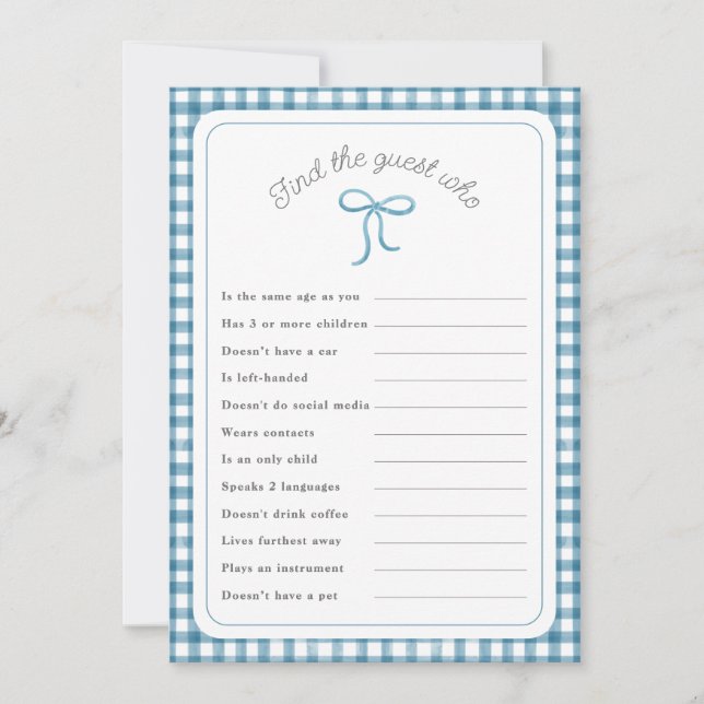 dark blue gingham Find the Guest Who shower game Invitation (Front)