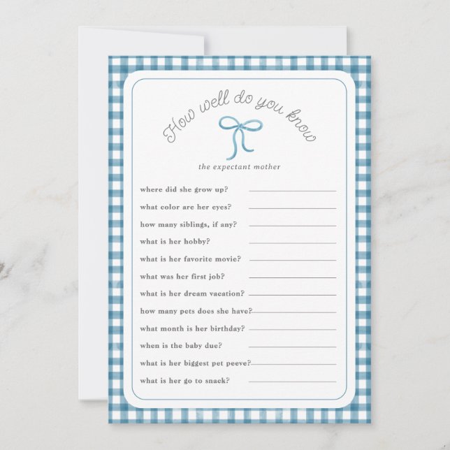 Dark Blue gingham How well do you know shower Game Invitation (Front)