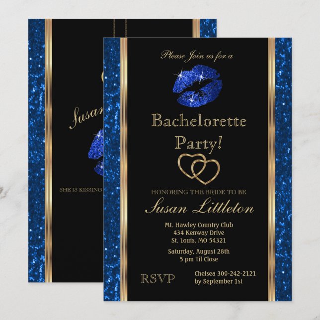 Dark Blue Glitter Lips Bachelorette Party Invitation (Front/Back)
