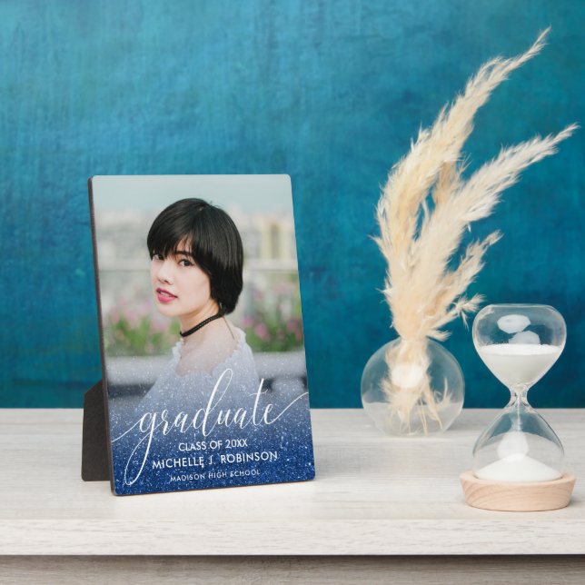 Dark Blue Glitter Ombre Girly Photo Graduation Plaque (Side)