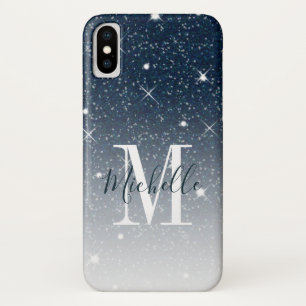 Dark Blue Glitter Sparkles Monogram Script Name iPhone X Case