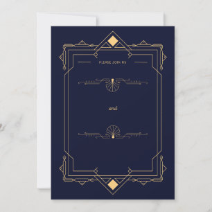 Dark Blue &Gold Art Deco Style Wedding Invitation