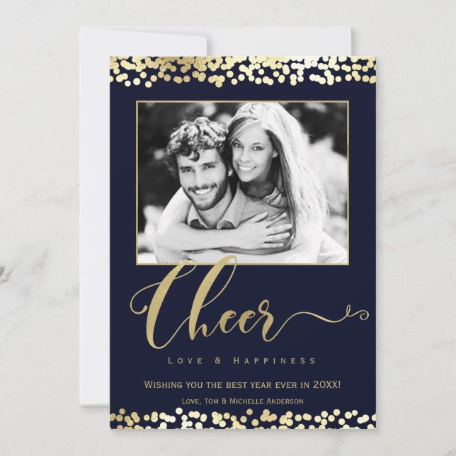 Dark Blue & Gold CHEER Confetti New Years Photo Holiday Card (Front)