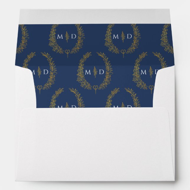 Dark blue gold colour white monogram wreath weddin envelope (Back (Bottom))
