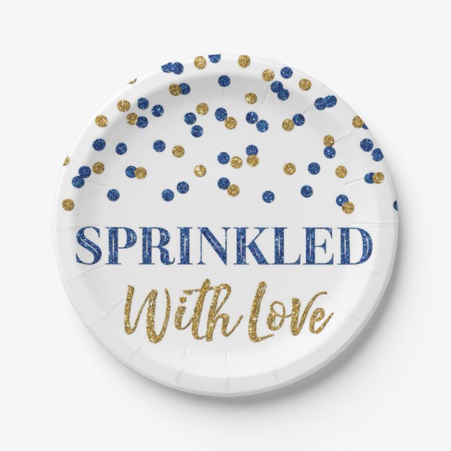 Dark Blue Gold Confetti Sprinkled with Love Paper Plate (Front)