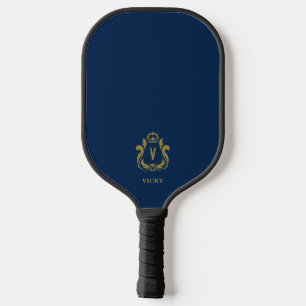 Dark Blue Gold Crest V Monogram Pickleball Paddle
