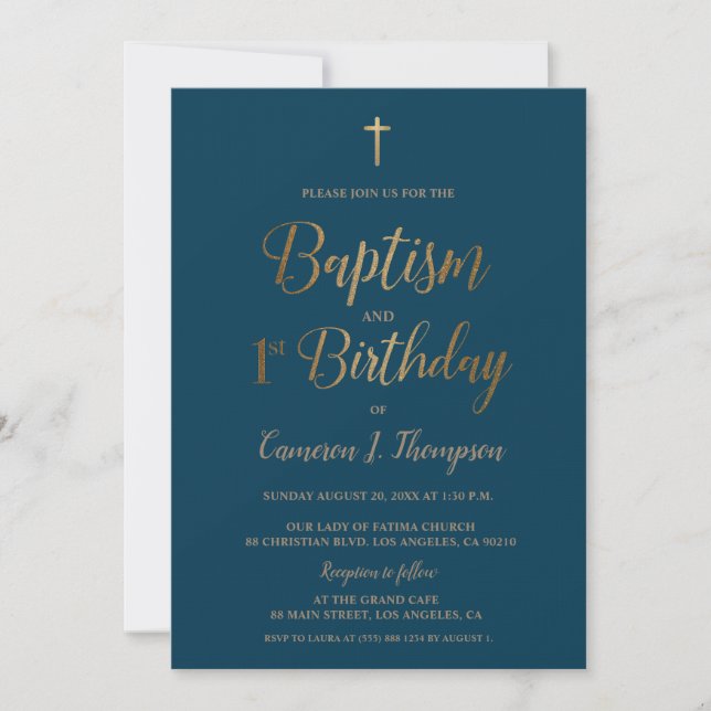 Dark Blue Gold Cross Baptism 1st Birthday Invitation (Front)