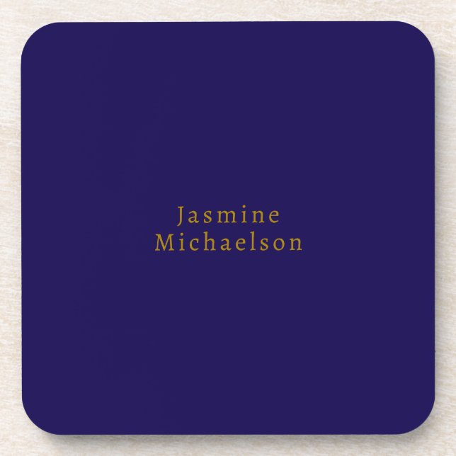 Dark Blue & Gold Cute Minimalist Own Name Coaster (Front)