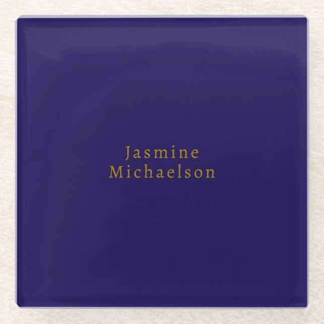 Dark Blue & Gold Cute Minimalist Own Name Glass Coaster (Front)