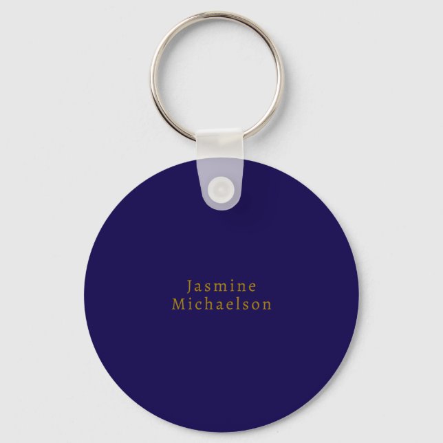 Dark Blue & Gold Cute Minimalist Own Name Key Ring (Front)