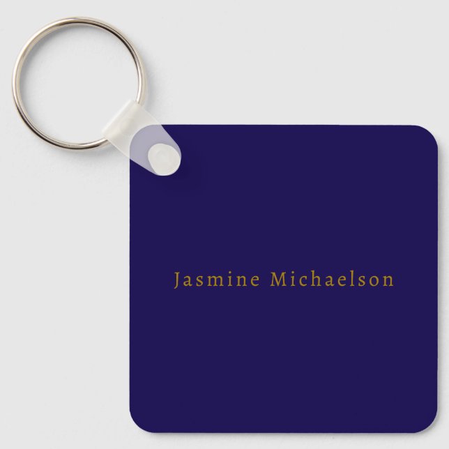 Dark Blue & Gold Cute Minimalist Own Name Key Ring (Front)