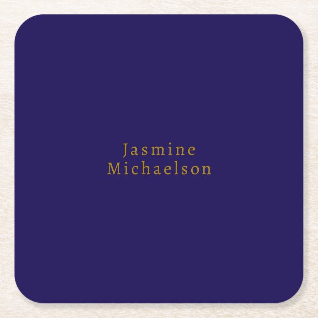 Dark Blue & Gold Cute Minimalist Own Name Square Paper Coaster (Front)