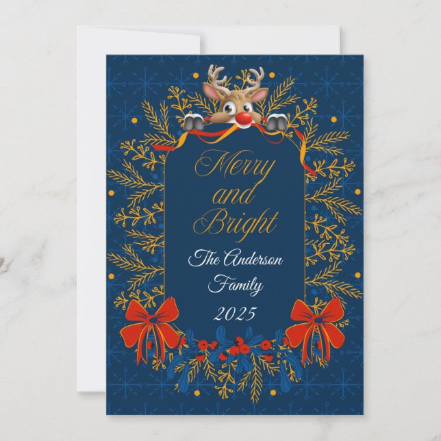 Dark Blue Gold Elegant Merry & Bright Christmas  Holiday Card (Front)