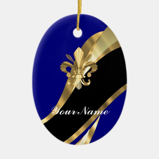 Dark blue & gold fleur de lys ceramic tree decoration (Front)
