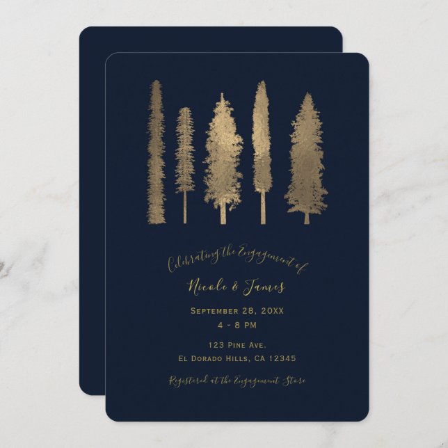 Dark Blue & Gold Forest Woodsy Trees Engagement Invitation (Front/Back)