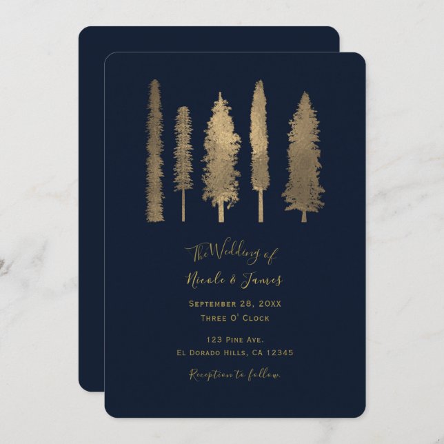 Dark Blue & Gold Forest Woodsy Trees Wedding Invitation (Front/Back)
