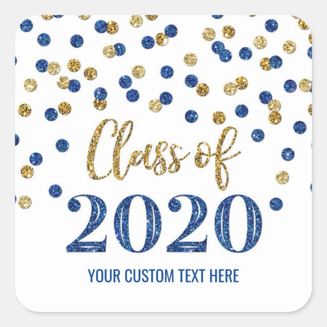 Dark Blue Gold Glitter Confetti Graduation 2020 Square Sticker (Front)