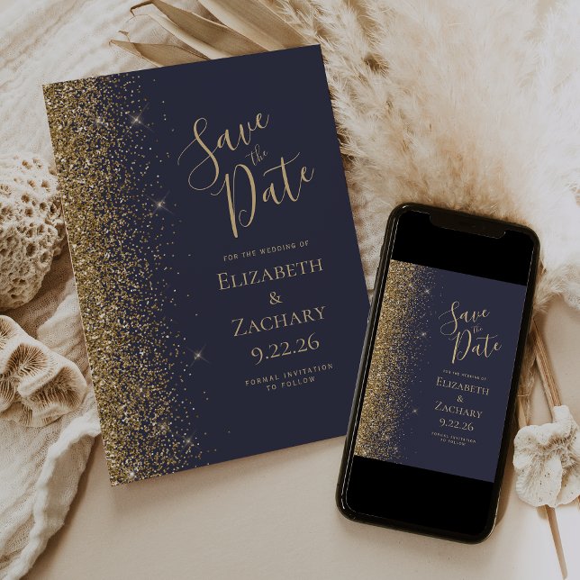 Dark Blue Gold Glitter Save the Date Announcement (Creator Uploaded)